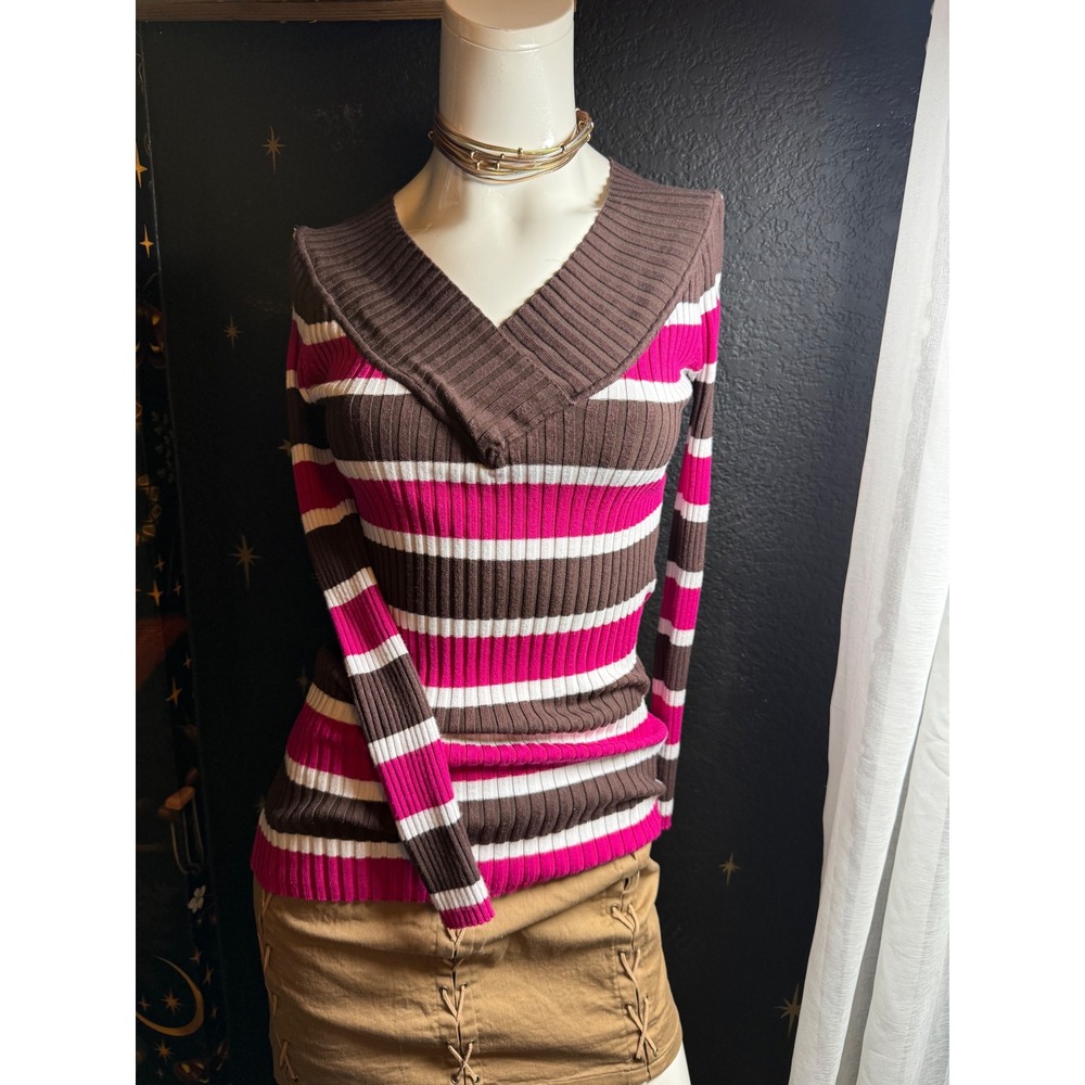 Vintage Brown Pink White Striped Ribbed Knit V-Neck Long Sleeve Sweater Top